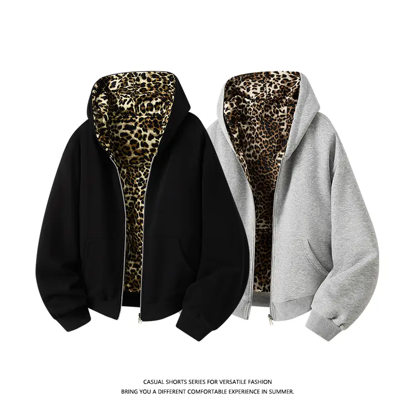 Men's Hooded Cropped Sweatshirt - Autumn Winter Leopard Print Reversible Fleece Coat, Unisex High Street Casual Loose Stitch, Comfortable Everyday Tops Piece That Fits All