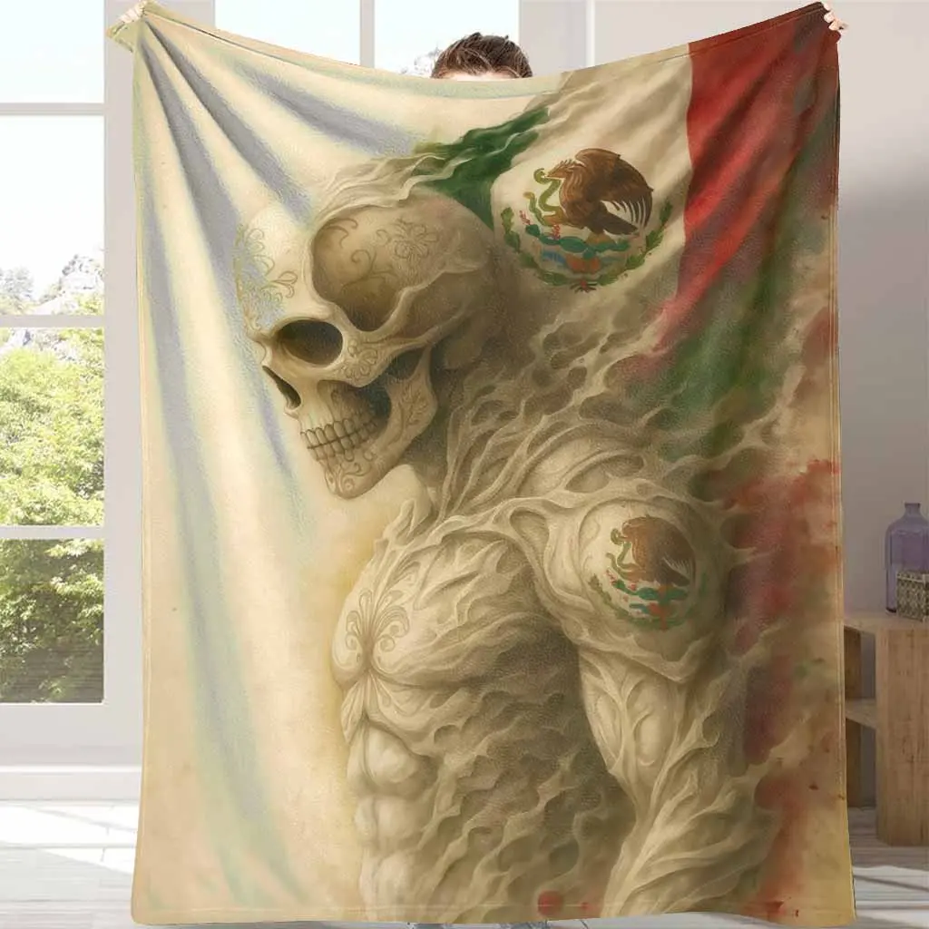 Mexican Skull Warrior Flannel Throw Blanket - Artistic Flag Print, Breathable Soft, Cozy, Mexican Home Decor, Warm, Wrinkle Resistant, Durable, Machine Washable, Ideal for Sofa, Festival Gift, Breathable Soft Blanket, Cozy Throw Blankets