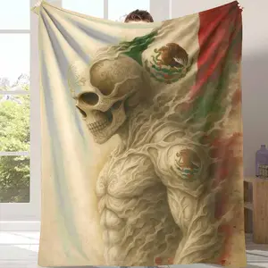 Mexican Skull Warrior Flannel Blanket with Artistic Flag Print Soft Warm Cozy Durable Decorative Throw Perfect for Sofa Home Office Travel Festival Celebration Gift