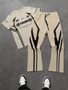 Men's "STRONG" Graphic 2-Piece Tracksuit | summer men set | Beige with Bold Black Stripe & Lettering | Premium Soft Stretch Fabric | Asymmetric Tee & Flared Pants | Perfect for Streetwear, Gym & Summer Casual Wear | Urban Essential