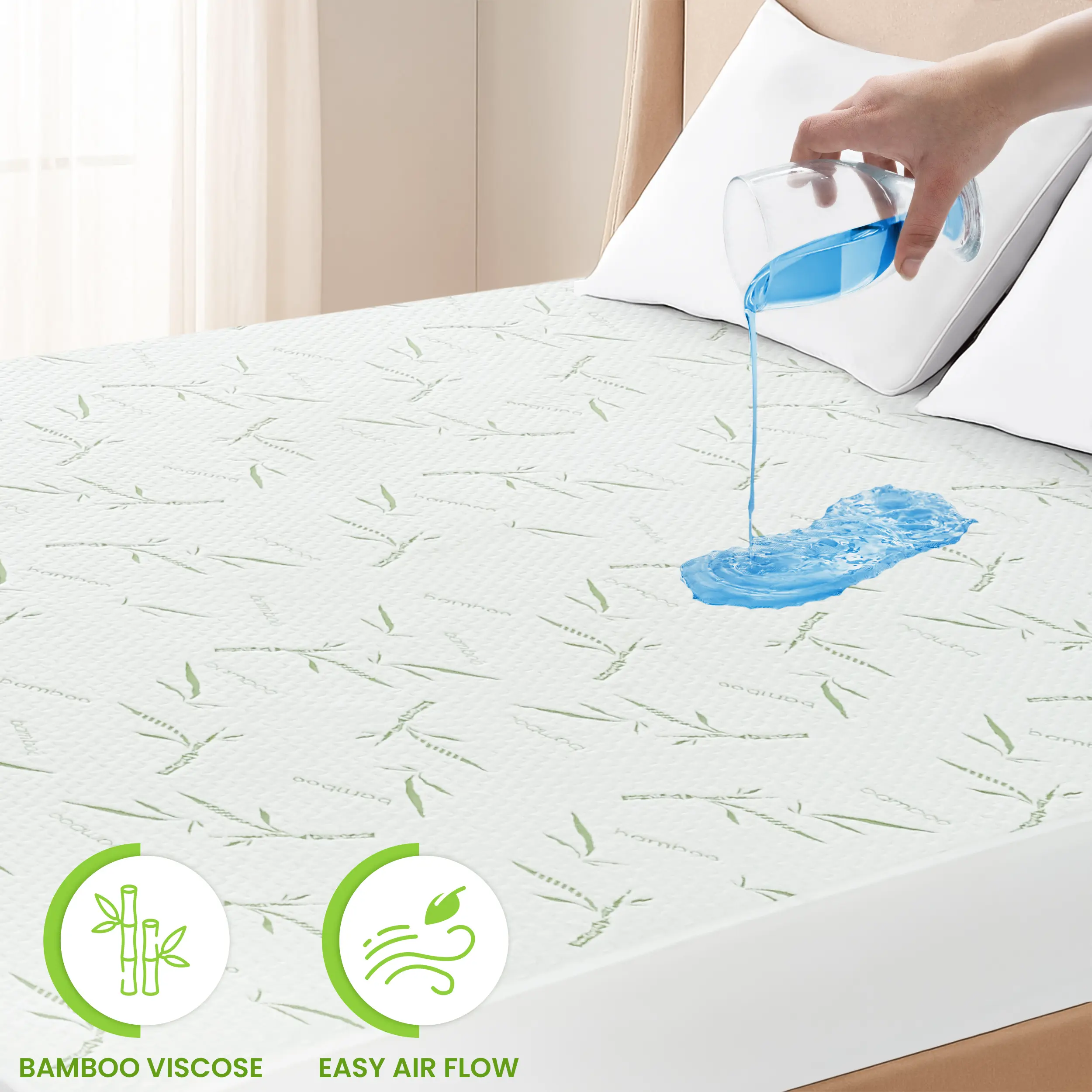 Quilted Bamboo Waterproof Mattress Protector - Cooling, Soft, Breathable, and Noiseless Fitted Cover with 16" Deep Pockets, Bedding Protection