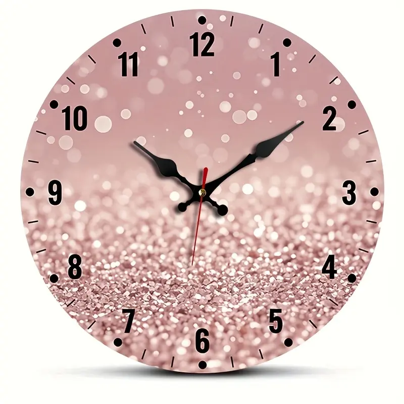 1pc Round Wall Clock, Rose Golden Glitter Creative Timepiece, Silent Quartz Round Wooden Clock, Suitable for Bedroom Living Room Office Kitchen Bathroom, Battery Powered (Battery Not Included)