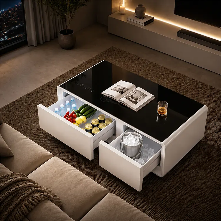 Modern Contrast Rectangular Single Unit Coffee Table - 90L Refrigerator & Freezer Drawer, Bluetooth Speaker, USB Charging Ports for Apartment Minimalist Indoor Furniture