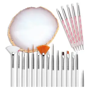 Nail Art Design Tools - 15pcs Painting Brushes Set with 5pcs 2-way Dotting Pens & Gold-rimmed Resin Palette, White