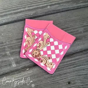 Belle Checkered Tooled Leather Credit Card Holder