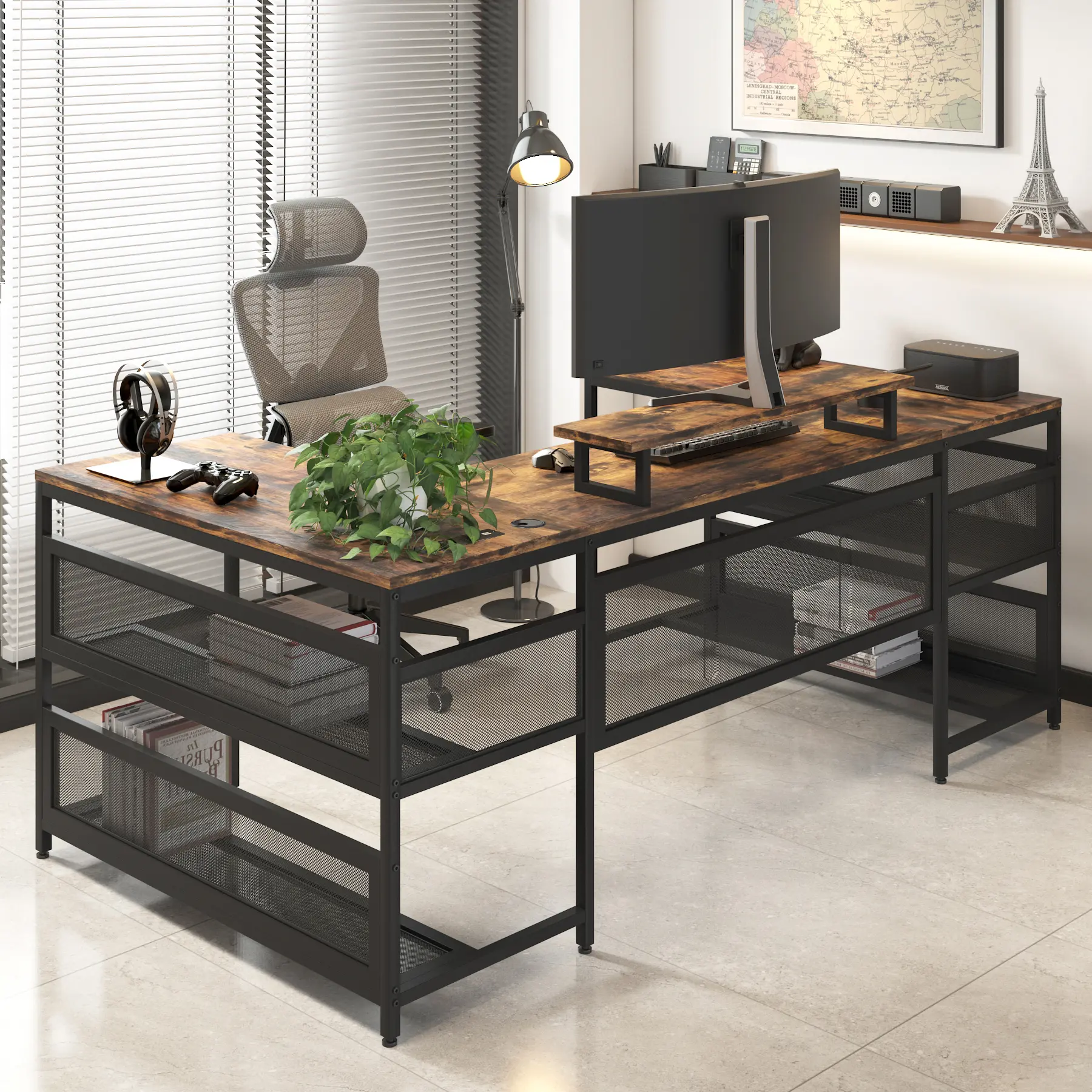 Vintage U-Shaped Computer Workstation Desk - Commercial Office Furniture with Power Outlets, LED Strip, Monitor Stand, Storage Shelf for Home Office Gaming Use