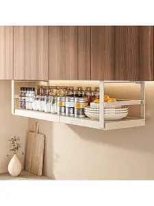 White - 10.62-17.71 inches Under Shelf Storage Basket Expandable,1Pcs Hanging Baskets Under Cabinet Shelf Organizer, Add-On Space Saver Kitchen, Pantry, Laundry Room, Heavy Duty Slide-In Under Cabinet Organizer Hanging Steel Adjustable Linen