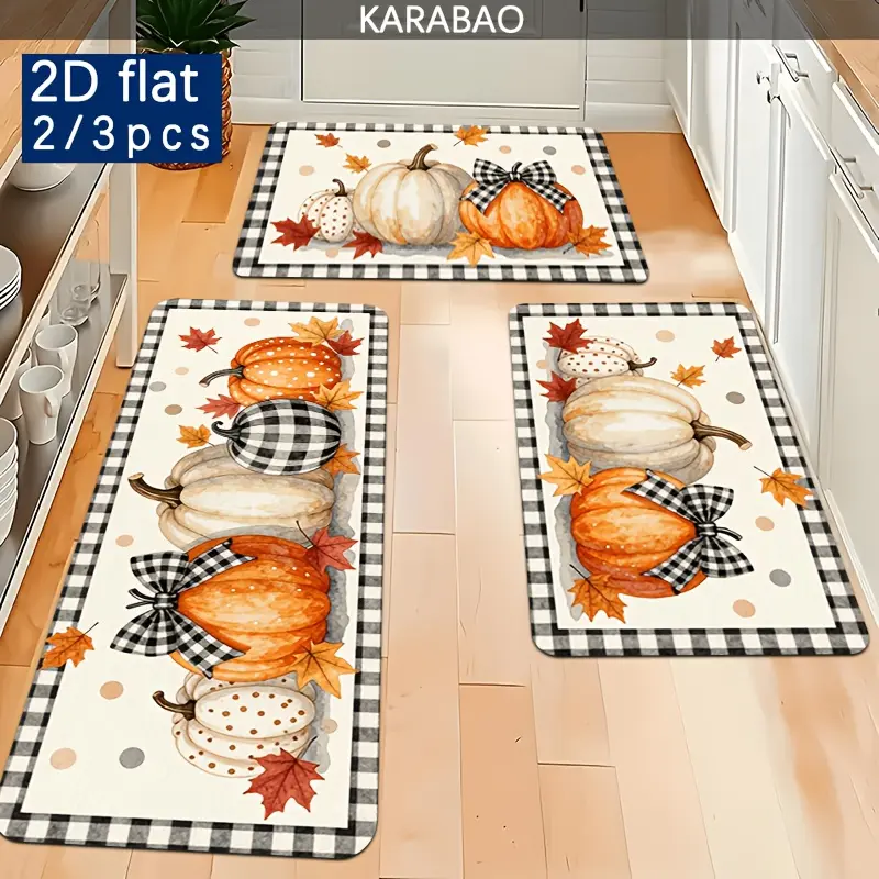 1/2/3pcs Autumn Pumpkin Theme Kitchen Mat Set, Plaid Border with Colorful Leaves And Polka Dot Pumpkin Patterns, Warm Harvest Style Design, Soft Fleece Material, Thickness 1.2Cm, Weight 500G/M², Machine Washable, Non-Slip And Comfortable,orienta,Hal,,pink