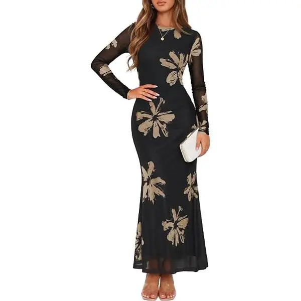 ZESICA Womens Fall Long Sleeve Wedding Guest Maxi Dresses | Slim Fit Bodycon, Soft Lightweight Mesh Fabric, Lined, 2026 Elegant Trendy Floral, Sexy Formal, Cocktail Party Vacation Dress