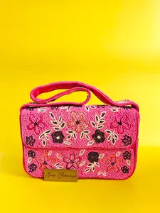 Hand-Beaded Hot Pink Floral Shoulder Bag - Artisan Sparkling Beaded Clutch Purse