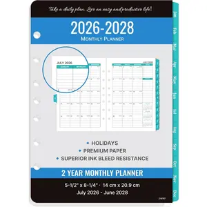 2026-2028 Monthly Planner Refill 7-Hole Punched Planner Inserts, 5-1/2" x 8-1/2", July 2026 to June 2028, Two Pages Per Month, Monthly Calendar with Monthly Tabs