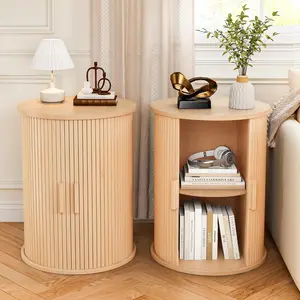 Set of 2 Round Fluted End Table Living Room, Tall Side Table with Sliding Tambour Door and Adjustable Storage Shelf, Modern Bedside Table, Nightstand for Living Room, Bedroom