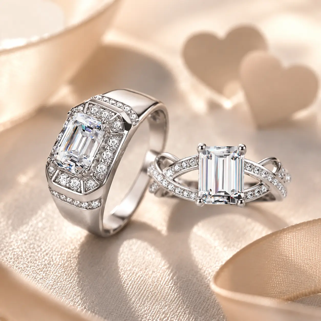 Moissanite Couple Rings Set for Men and Women, 3CT Radiant Cut Men's Ring & Elegant Engagement Ring, 925 Sterling Silver Matching Wedding Bands, D Color Luxury Jewelry Gift