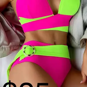 Two piece hot, pink and neon green cross the color bikini