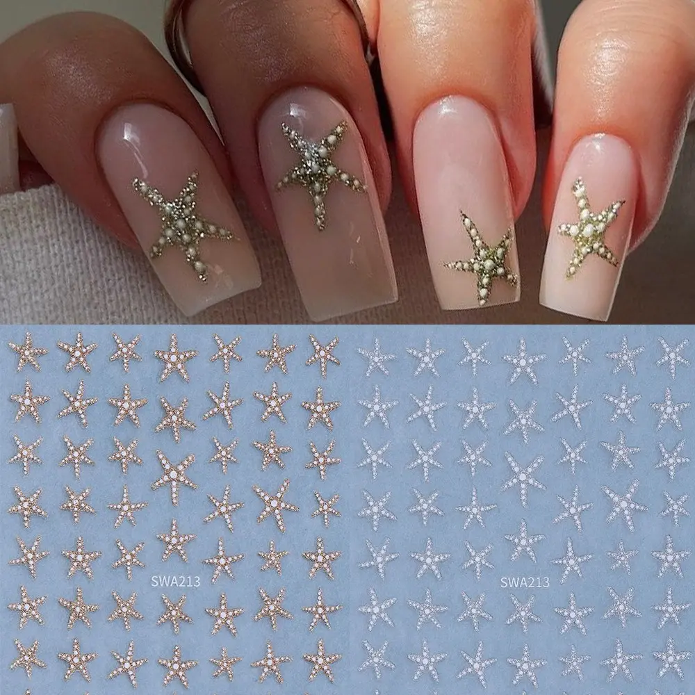 2 Sheets Gold Silver Glitter Starfish Nail Art Stickers, Cute Simple Starfish Pattern Beach Nail Stickers, DIY Vacation Nails, Nail Art Design, Nail Art Supplies