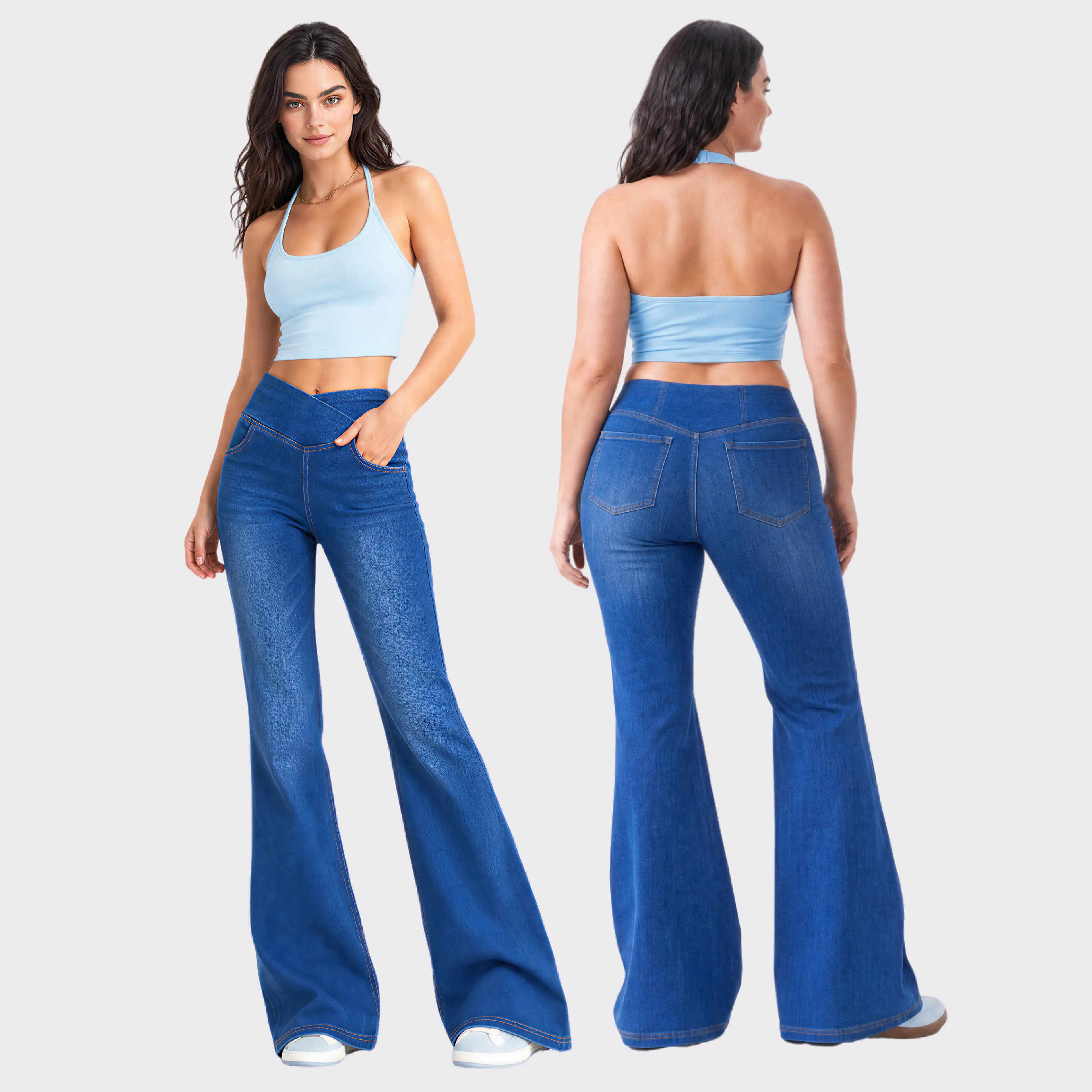 HeeiYoga  Tummy Control High Waisted  Crossover and Pockets, Washed Flare Jeans Jeggings , Denim Leggings, Pants For Women, Elastane
