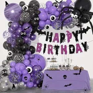 161Pcs Halloween Balloon Arch Garland Kit, Balloon Spiders Web Bats Happy Birthday Banner for Gothic Halloween Birthday Party Gothic Decorations Supplies