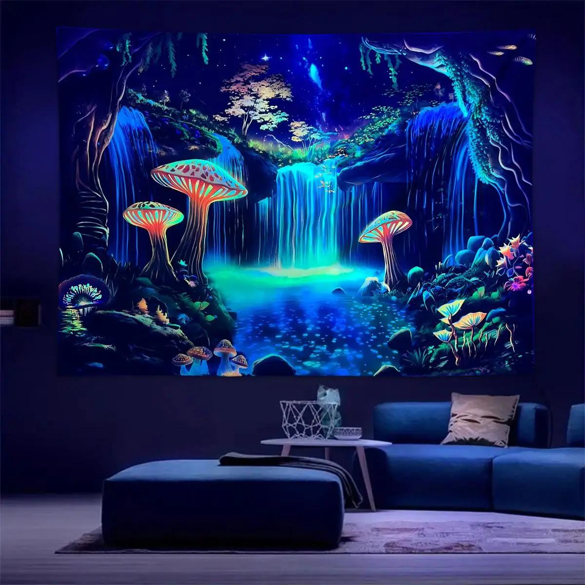 Fluorescent Mushroom Forest Pattern Tapestry, 1 Count UV Responsive Decorative Hanging Tapestry, Wall Hanging Decor for Home Living Room Bedroom, Home