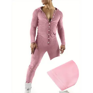 Casual Men Bodysuit, Long Sleeve Rabbit Ears Hooded Button Collar Long Trousers Openable Hip for Autumn