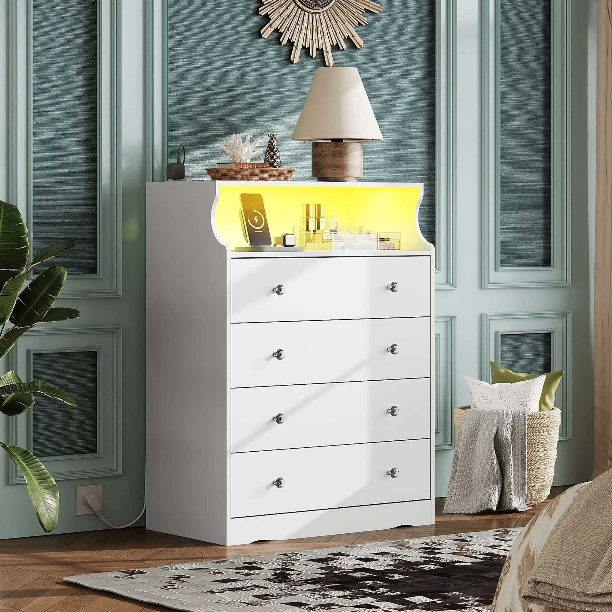 WLIVE LED Tall Wood Dresser with 4 Drawers for Bedroom, and Open Shelf,  Chest of Drawers with LED Light and Power Outlet for Living Room, Hallway,  Closet - TikTok Shop
