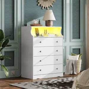 WLIVE LED Tall Wood Dresser with 4 Drawers for Bedroom, and Open Shelf, Chest of Drawers with LED Light and Power Outlet for Living Room, Hallway, Closet