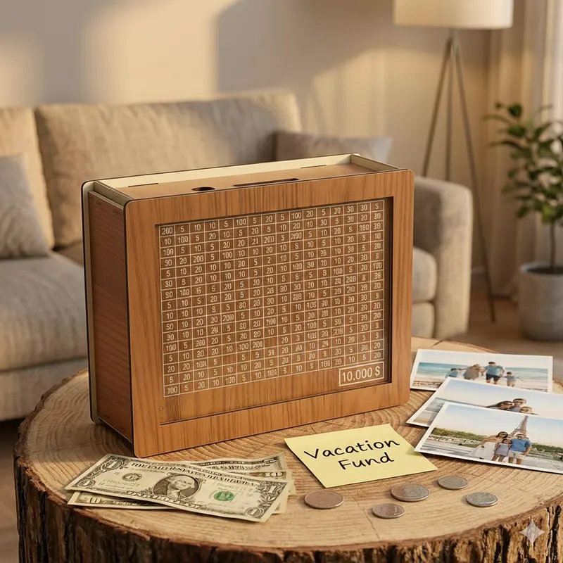 Wooden 10000 Savings Challenge Box Reusable Money Saving Tracker with Number Grid Dry Erase Marker Minimalist Desk Decor Piggy Bank for Adults Teens Budget Friendly Cash Saver for Travel Wedding Emergency Fund Motivational Money Box to Goals Perfect Gift