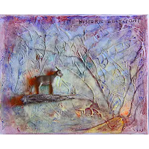 The Historic Billy Goat is 8" x 10" on stretched canvas, a minimalist, abstract landscape.