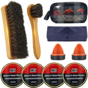 IKI Leather Boot Care Kit - 10 PCS Shoe Polish & Shine Kit with Black Shoe Polish, Sponge Applicators, Horsehair Brush, Microfiber Cloth and Wash Bag, Shoe Care Set or Men & Women