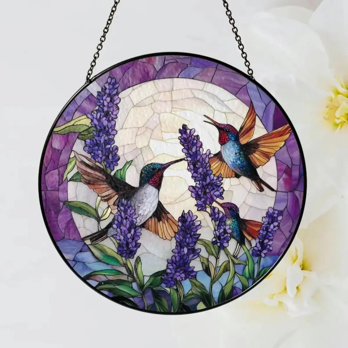 Hummingbirds And Lavender Flowers Stained Glass Suncatcher, Suncatchers for Windows Hanging, Window Decor, Outdoor or Indoor, Gifts for Mom, Grandma, Wife, Family