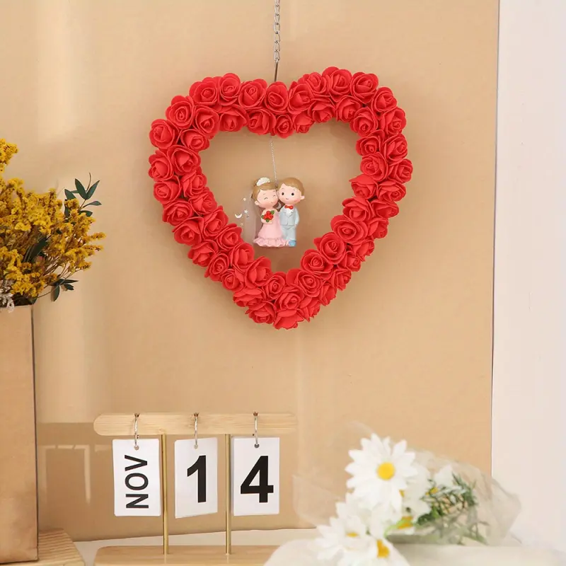 1pc MonyPlay artificial rose petal heart-shaped garland with dolls - plastic Valentine's Day door hanging decoration, suitable for anniversaries, weddings, parties, dinners, heart-shaped doll garland Valentine's Day wedding engagement party decoration