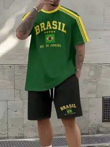 Men's Brazil Flag Letter Print Short Sleeve Set, T-Shirt + Shorts, Casual Fitted Street Style, Bold Print Design, All Seasons