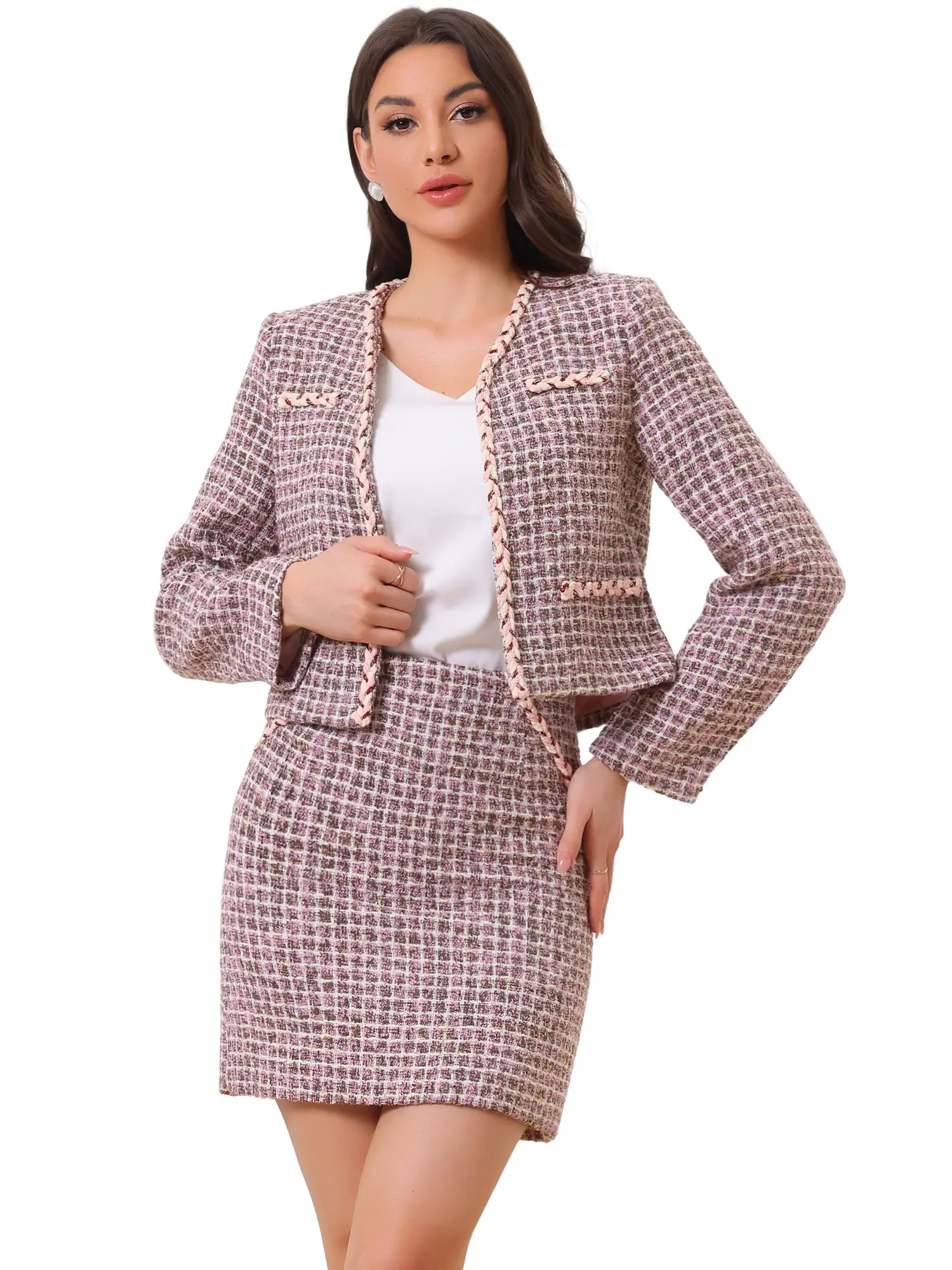 INSPIRE CHIC Business Suit Set Women's 2 Piece Tweed Plaid Short Blazer Jacket and Skirt Outfits