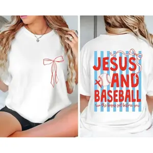 Trendy Preppy Christian Baseball Theme T Shirt Featuring Jesus and Baseball Imagery For Game Day Suitable For Coaches and Fans