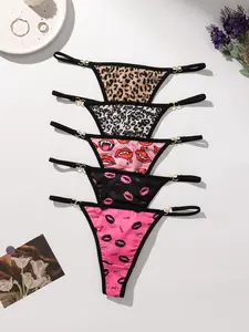 Women's Leopard Print Thongs, Sexy Low-Waist Design, Soft & Comfortable Underwear, Perfect for All Seasons, Pack of 5, Soft Comfy Panty