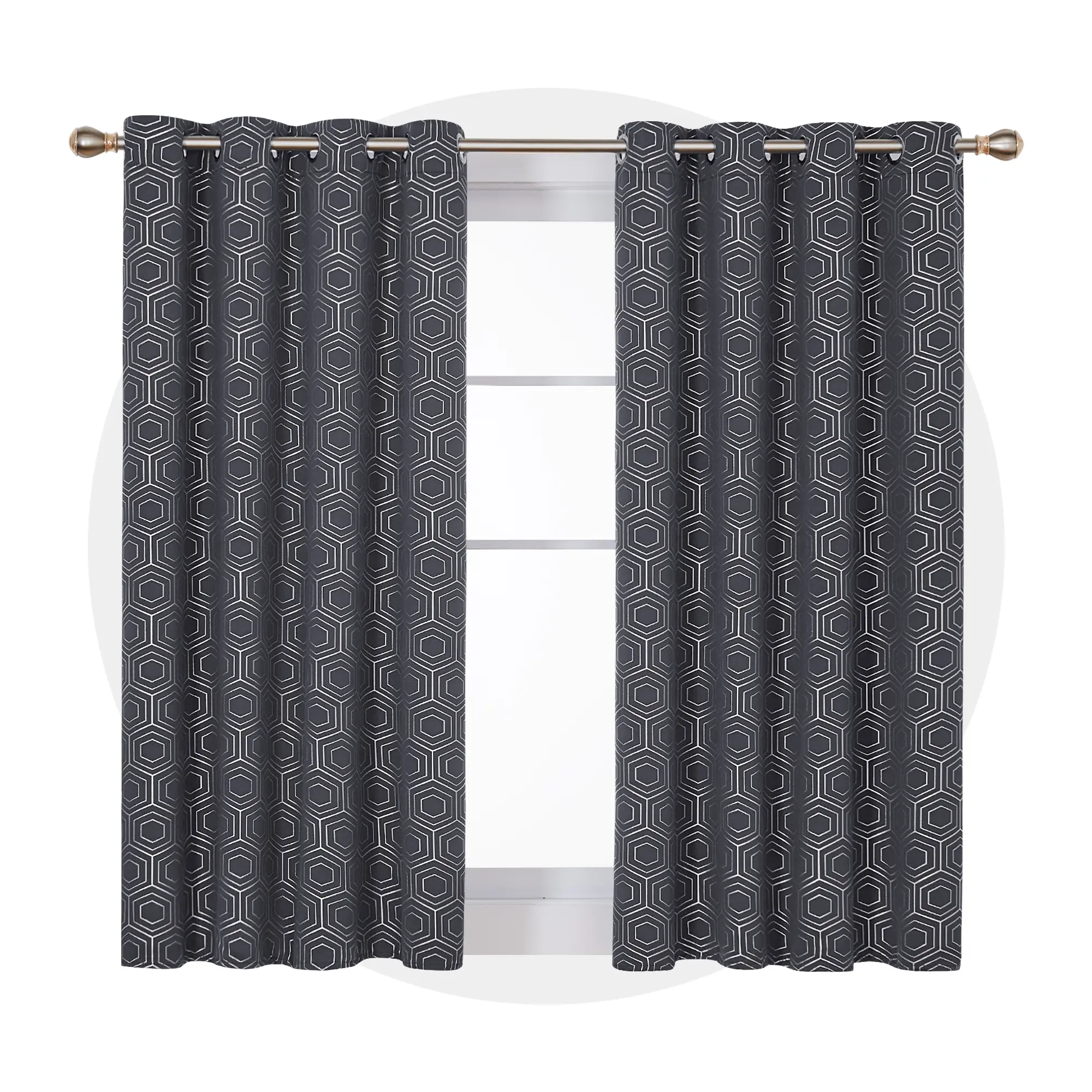 Silver Hexagon Blackout Curtains | White Ring Top | No Tiebacks