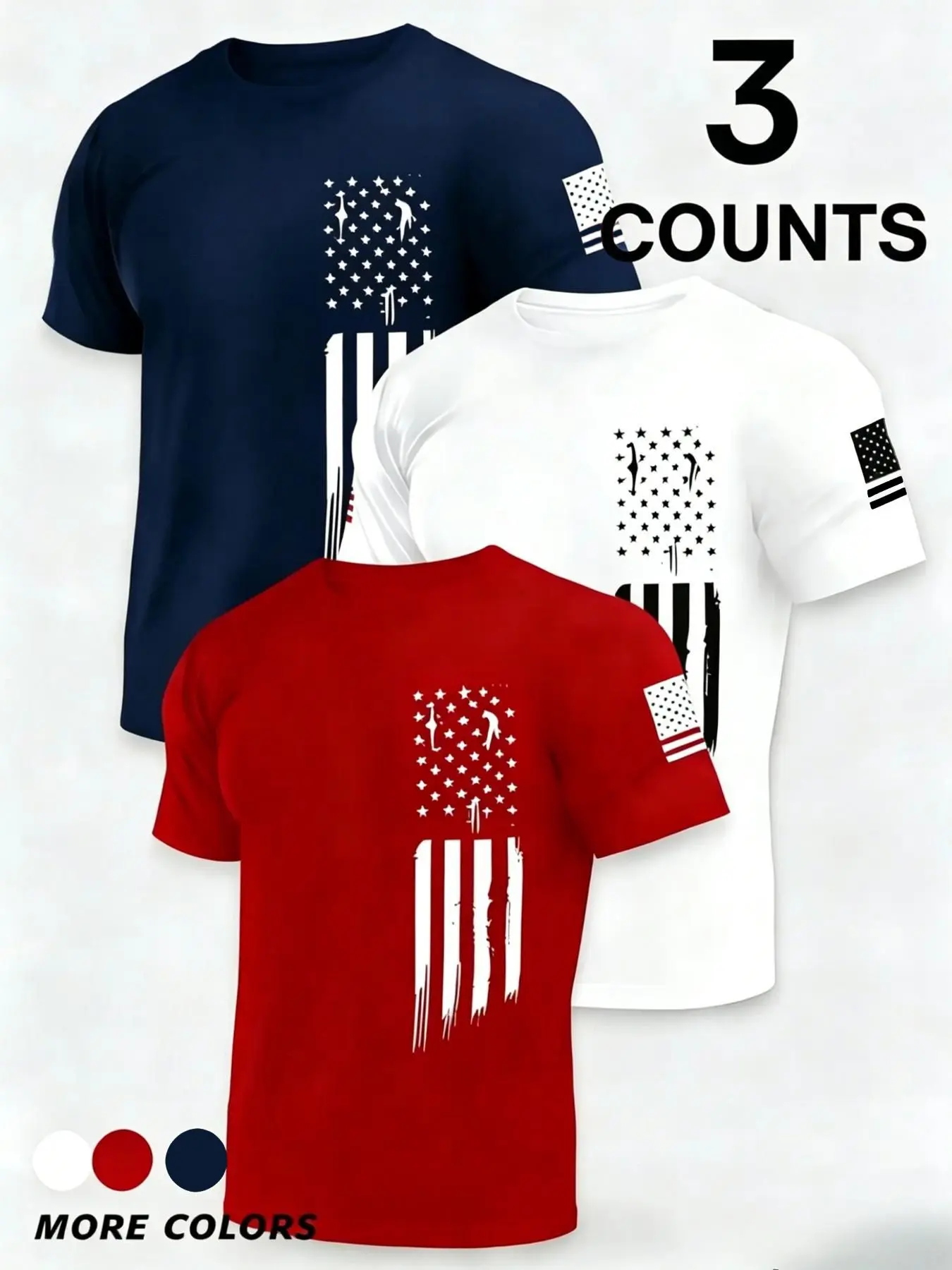 3-Pack Flag Print Short Sleeve Classic T-Shirts, Soft Comfortable Durable Breathable Fabric, Casual Loose Fit, Round Neck, Ideal for Daily Wear, Streetwear