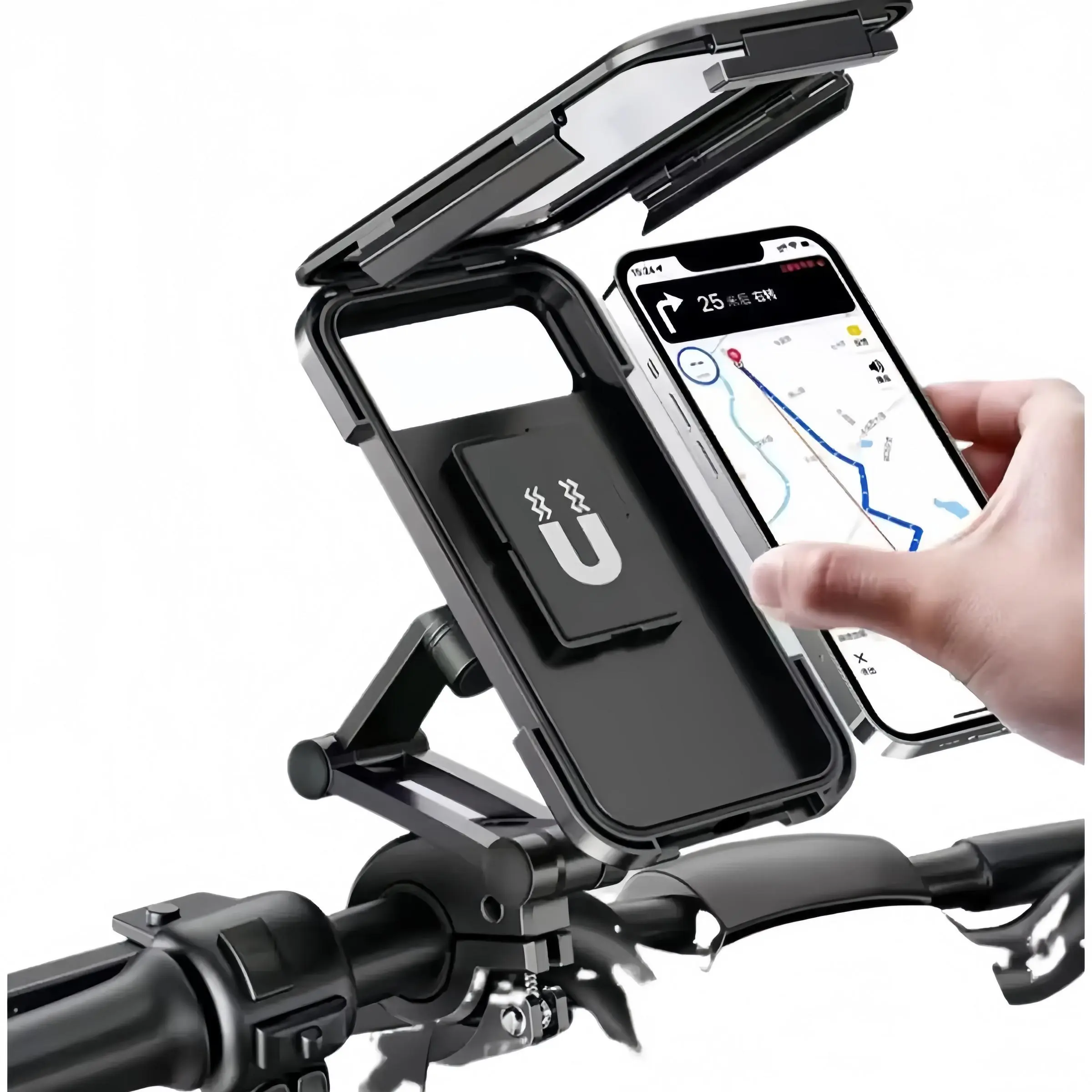Waterproof Magnetic Adjustable Mount for Motorcycle, Bicycle & Ebike - 360° Rotation, Rain Cover, Shock-Absorbing, All-Season Cell Phone Holder, Motorcycle Accessory, Bike Accessory