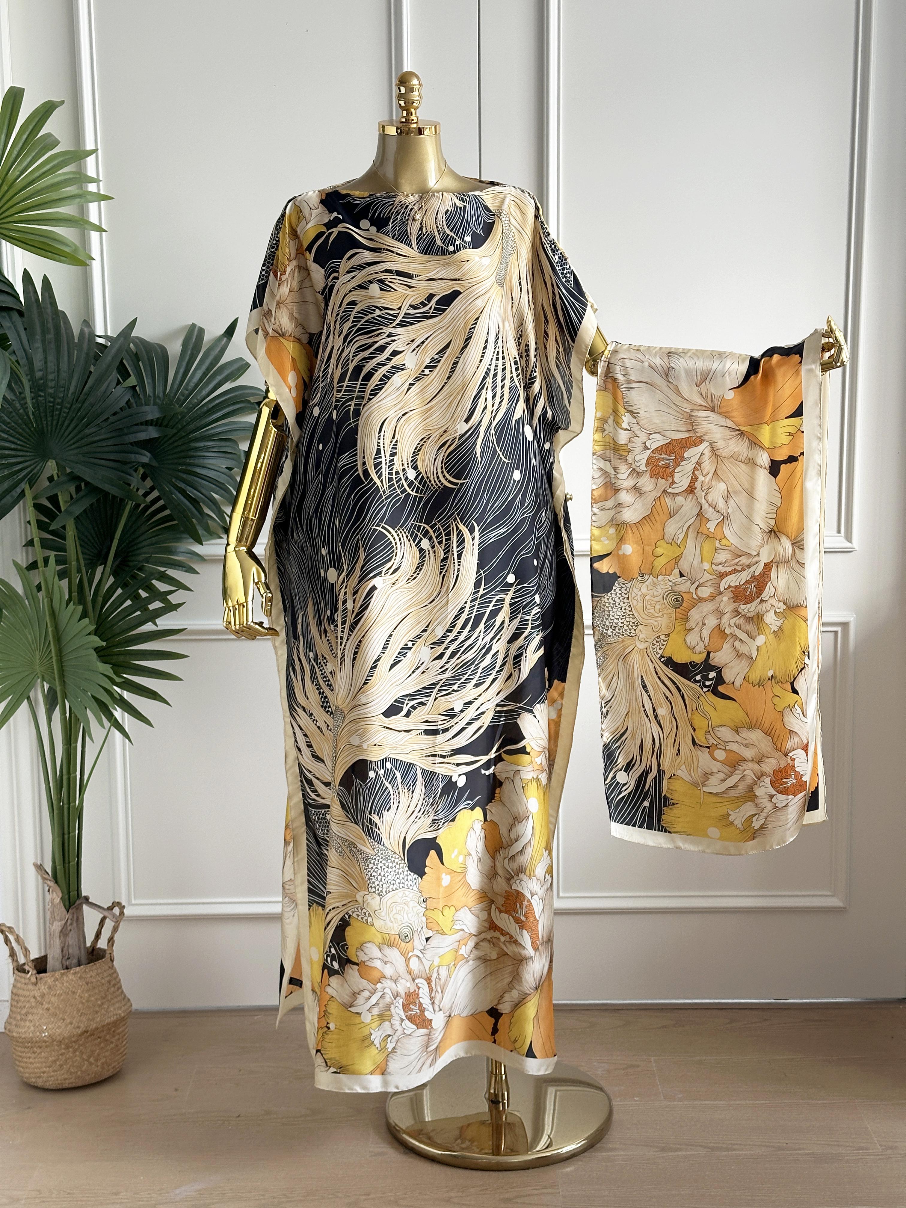Women's Moomoo 2-Piece Cape Set with Scarf - Bohemian Floral Polyester Fibre Cover Up, Lightweight All-Seasons Beach Vacation Swimwear Accessory, Elegant Fashion Apparel