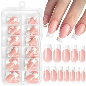 French Press on Nails, Square Fake Nails, Medium French False Nail Kit, Glossy Full Cover Acrylic on Nails, DIY Nail Art
