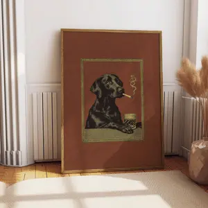 Black Lab Whiskey Print, Vintage Retro Smoking Dog Wall Art, Funny Dog Bar Poster, Quirky Dog Lover Gift, Eclectic Humorous Animal Decor