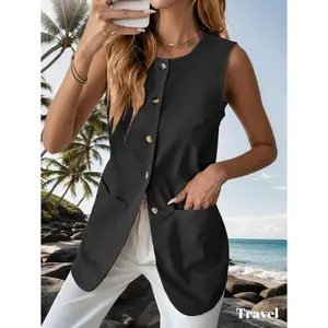 Mina Self 2025 Womens Summer Long Linen Vest Tops Sleeveless Lightweight Single Breasted Trendy Casual Work Jacket Pockets