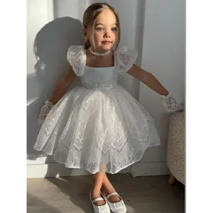 Lace flower embroidery white dress for girls' wedding dress suitable for flower girls' birthday gifts birthday parties