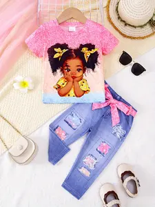 Girls' Gradient Sequins Print Cute Short Sleeve T-Shirt & Denim Look Nine-Quarter Pants Set, 2-Piece for Kids, Summer Clothing Set