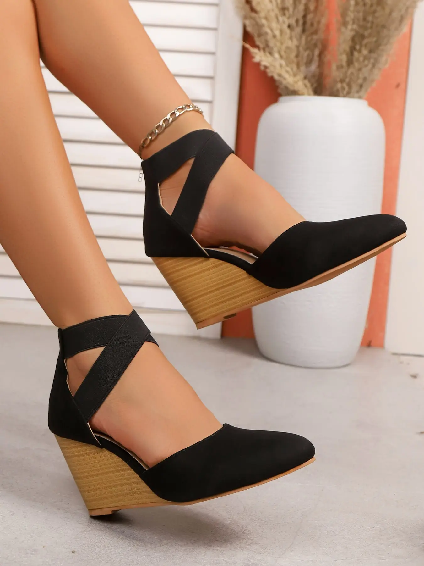 Women's Closed-Toe Wedge Sandals, Wedge Heeled Sandals, Elastic Cross-Strap Design, Summer Thick Sole High Heels, Comfortable, Classy, Elegant and Stylish Footwear, Fashionable Wedge Shoes, Summer Party Footwear