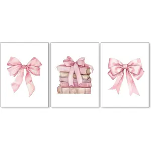 Coquette Pink Bow Poster Trendy Preppy Girly Book Canvas Wall Art Set of 3 Cute Watercolor Reading Painting Prints for Girl Bedroom Dorm Library Wall Decor 12X16 inch Unframed