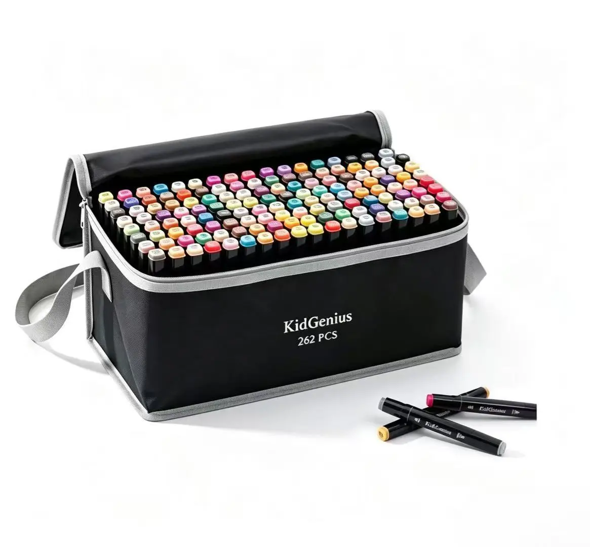 KIDGENIUS Multi-Surface Dual Tip Alcohol Markers 262/168/120 Permanent Quick-Dry Fine & Broad Tip Markers with Carrying Pouch & Colorless Blender Pen, Art Supplies for Wood, Rock, Canvas, Ceramic, Metal, Glass Creation