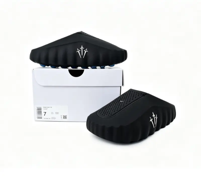 brand new pure black wavy thick sole foot massage slide one-piece breathable EVA upper blue bump roller thick massage outsole unisex indoor bathroom casual slides