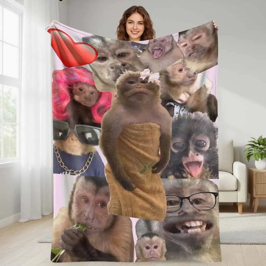 Funny Monkey Face Collage Flannel Blanket - Flannel Fabric, Cute Graphics, Anti-Pilling, Super Soft, Lightweight, Breathable, Wrinkle Resistant, Durable, Machine Washable, Camping Companion, Ideal for Living Room Decor, Great Gift for Friends