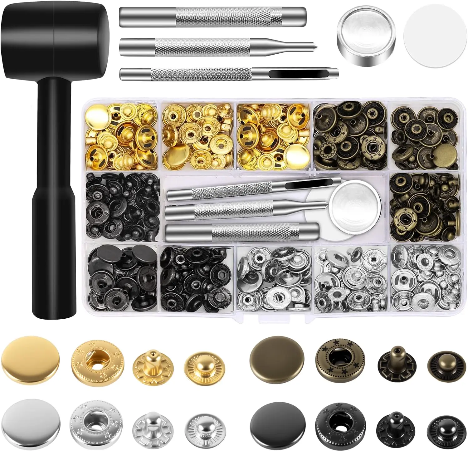 15mm Snap Button Kit - 90 Sets Copper Zinc Alloy Metal Button Parts with Hammer, Punch, Spacer & 4 Setters, Nickel-Free Plating, 15 mm Caps for Home Sewing, Clothing Repair, Bags & Crafts (Gold/Silver/Bronze/Black)