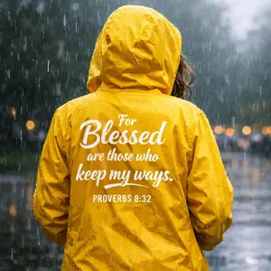 "Stormy Faithful" Rain Coat with Hood Windproof - "Definitely Keep The Faith" Text Front. Proverbs 8:32 on the Back.
